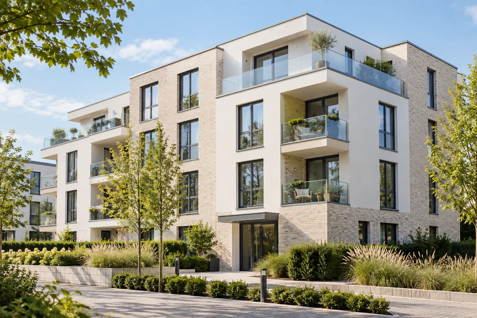 Modernes, helles Mehrfamilienhaus mit Balkonen und gepflegter Außenanlage